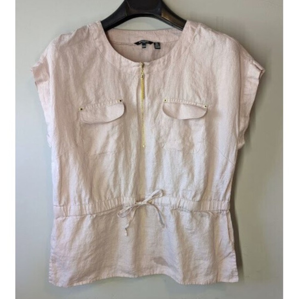 Ellen Tracy Linen Top Gold Tassel Zipper Drawstring Waist Sz L